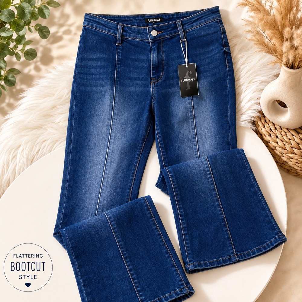 Flamingals Womens Flare Jeans Blue High Rise Front Seam Stretch Denim 2XL NEW